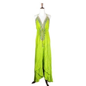Beaded Maxi Dress Open Back Manish Vaid Green Flowy Boho - One Size